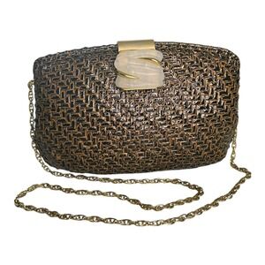 RODO ITALY Vintage BROWN & Black GLAZED Wicker CLUTCH Handbag Purse